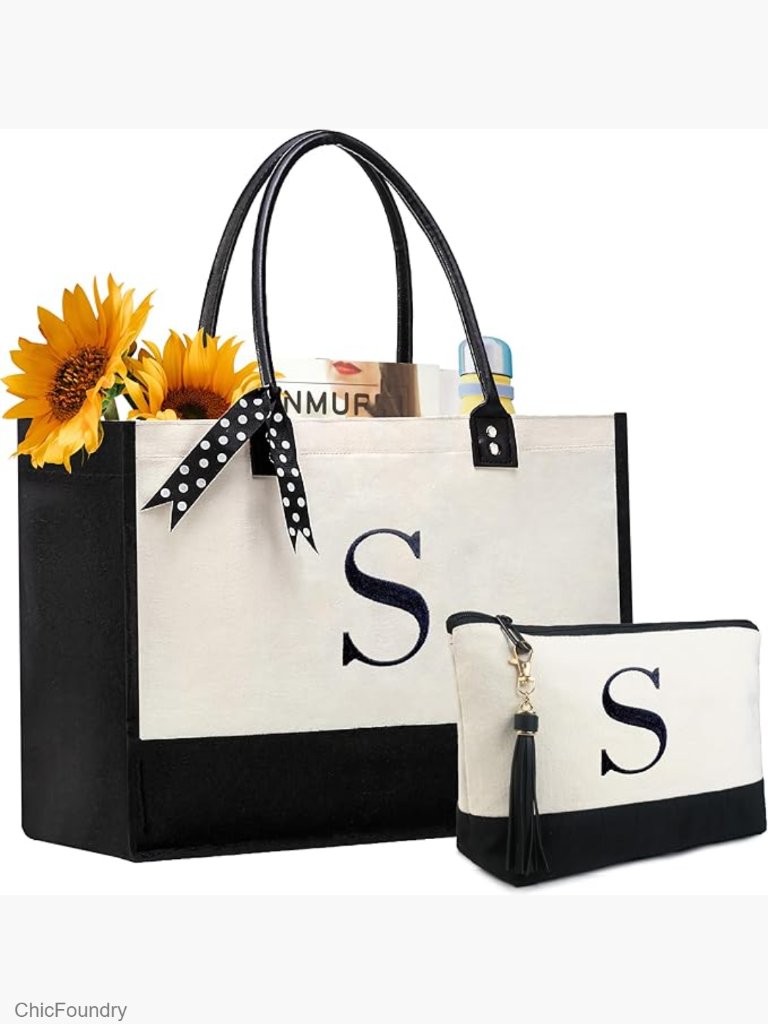 Large Canvas Tote Bag With Monogram Initial, Leather Handles, Inner Zip Pocket